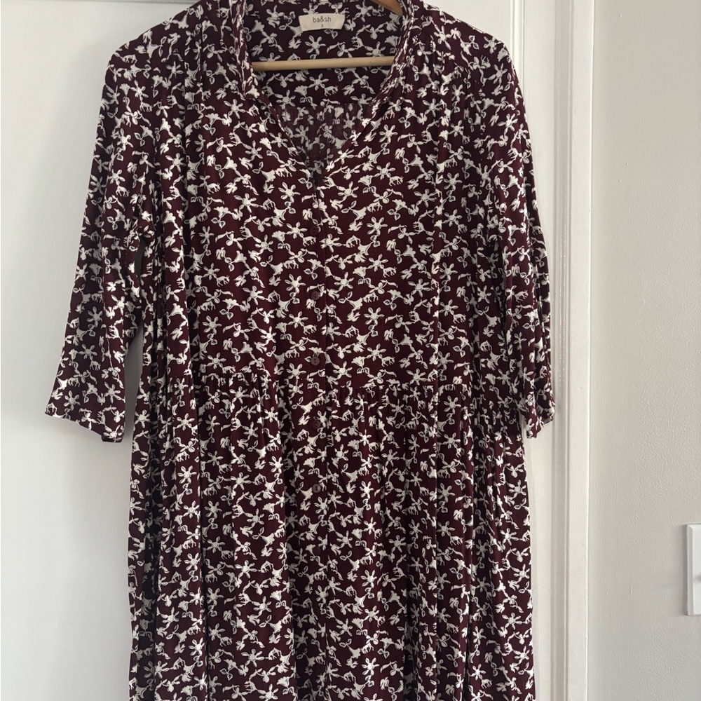 ba&sh Brown Sundress with Notched Collar and Cuffed Sleeves
